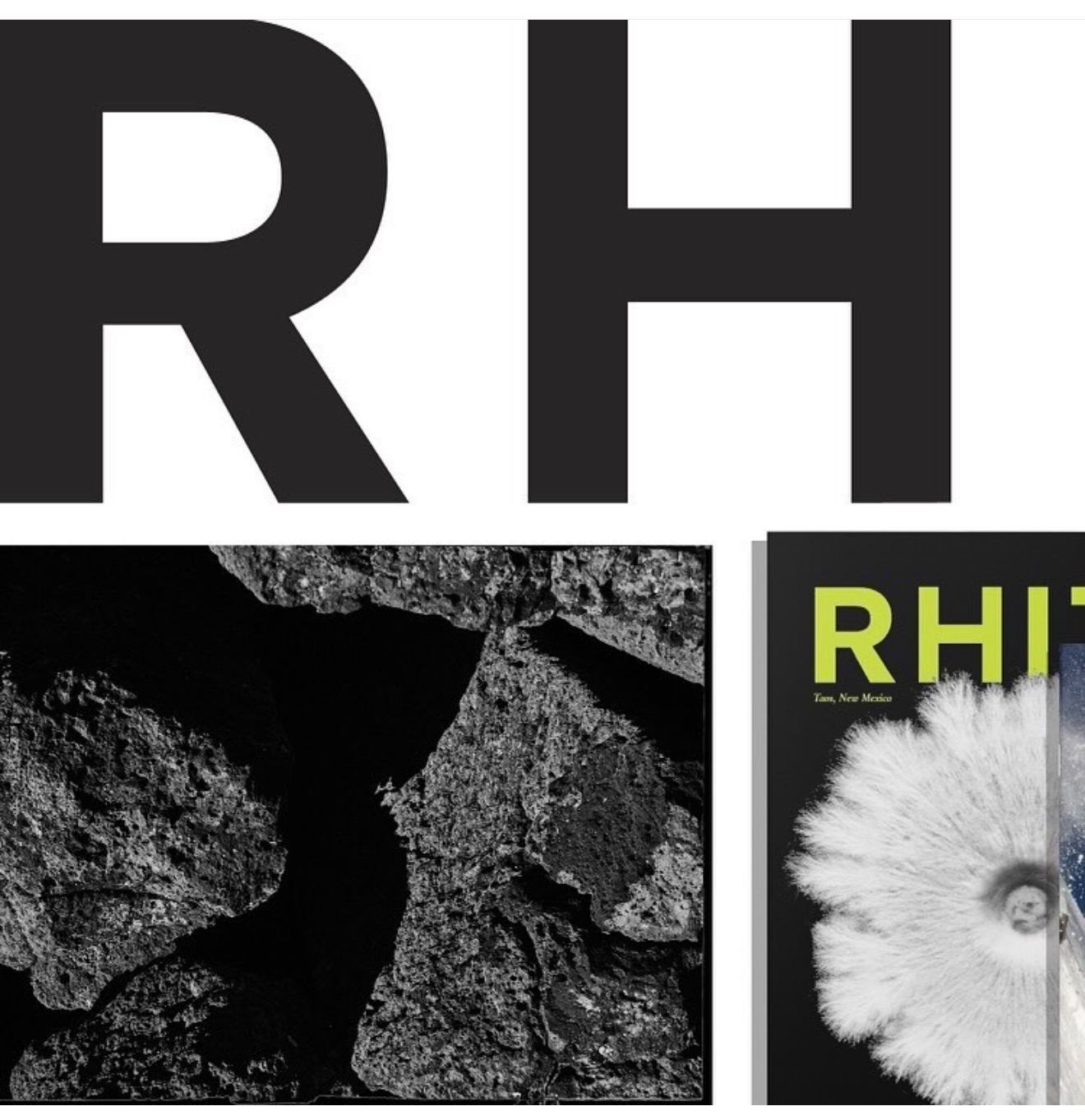 RHIZO typography over a black-and-white volcanic rock photograph and issue cover